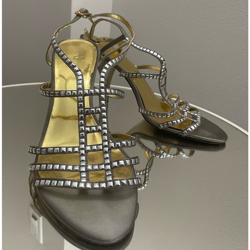Strappy Grey Satin Cage Heels with Silver Studs
